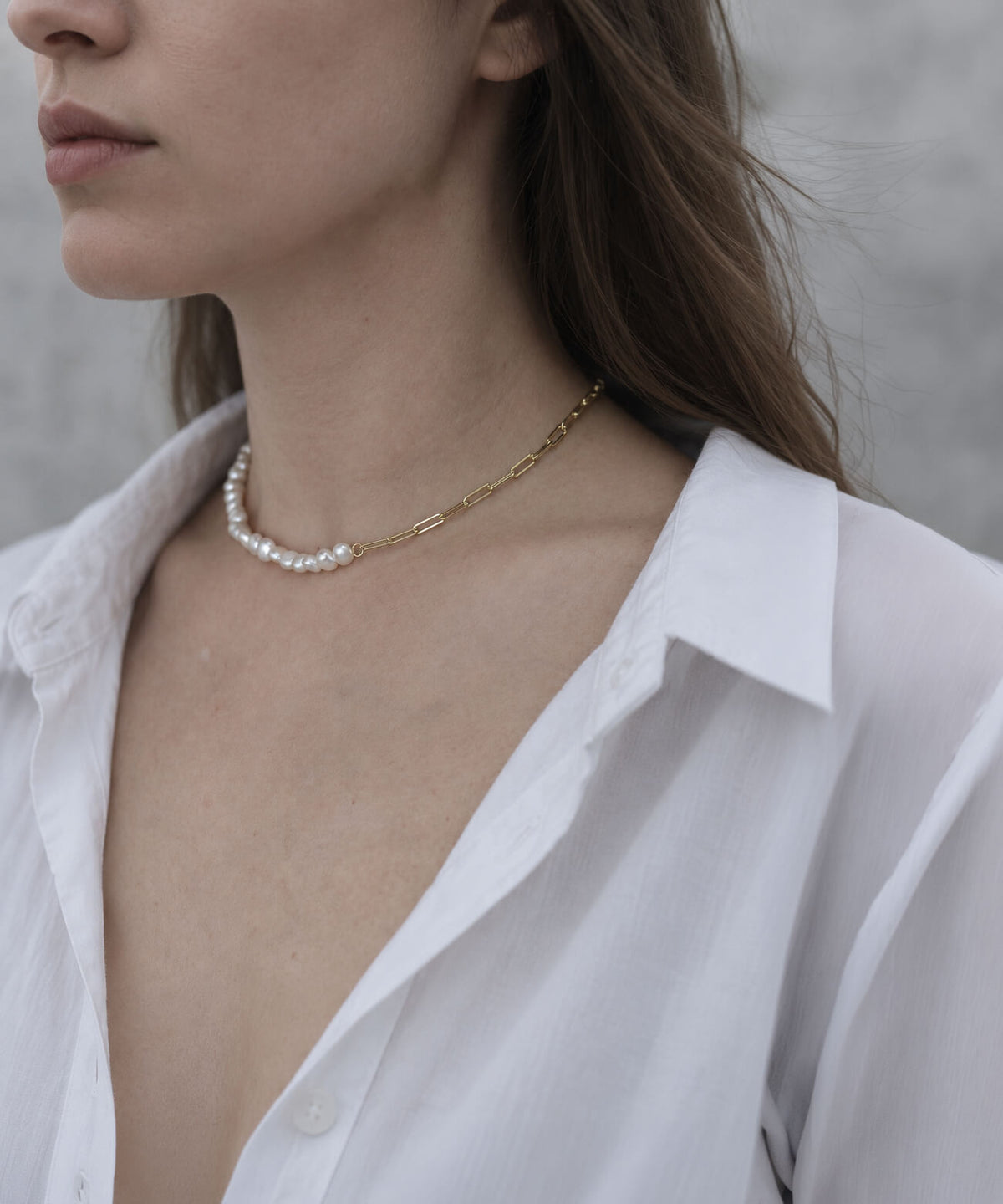 Baroque pearl link chain necklace worn short