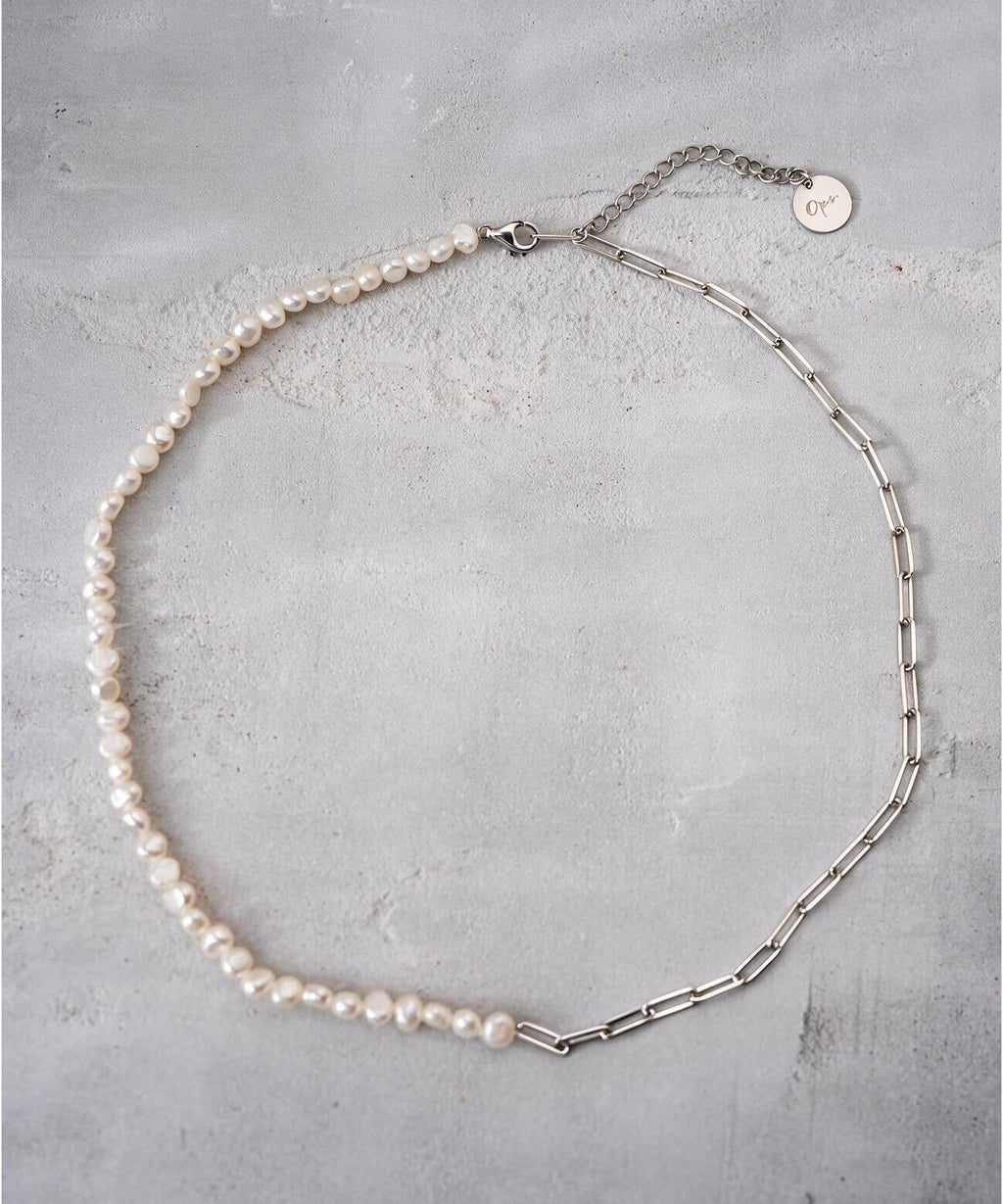 Baroque pearl link chain necklace silver