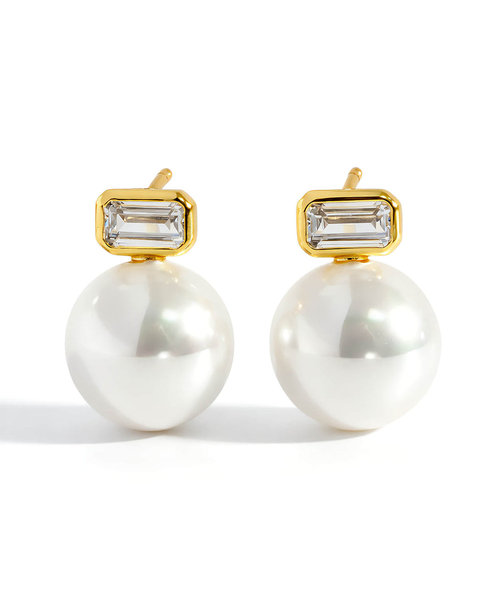 18K Gold Plated Sterling Silver Aurelia Baguette Pearl Earrings | CADREA