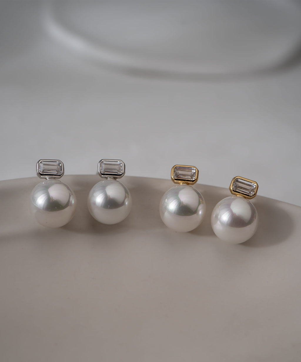 18K Gold Plated Sterling Silver Aurelia Baguette Pearl Earrings | CADREA