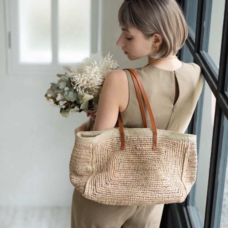 Leather Handle Straw Bag | CANETTA-M