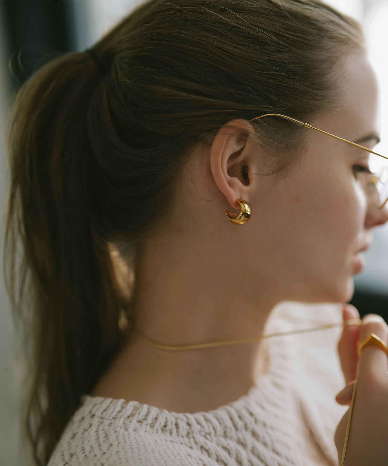 18K gold plated chunky hoop earrings worn, side profile