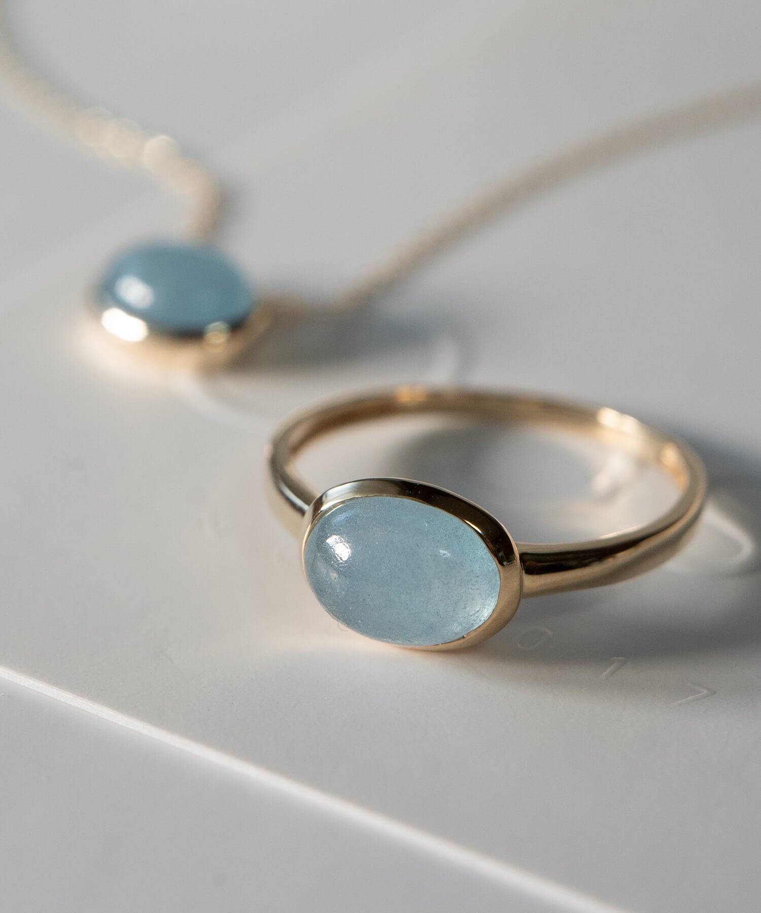 Milky aquamarine cabochon ring from another angle