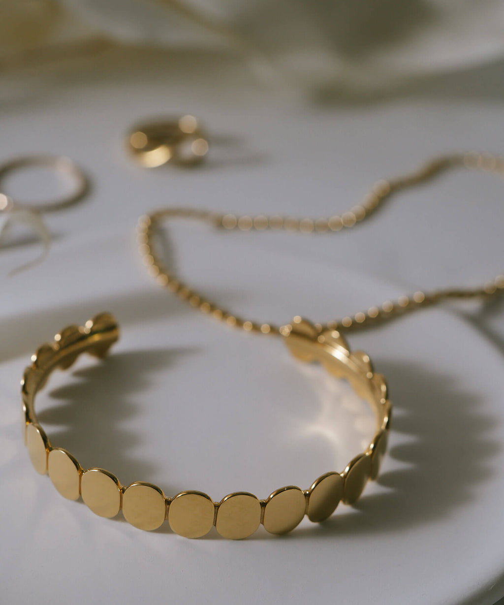 18K Gold Plated Sterling Silver Hammered Beads Bangle | HALVA