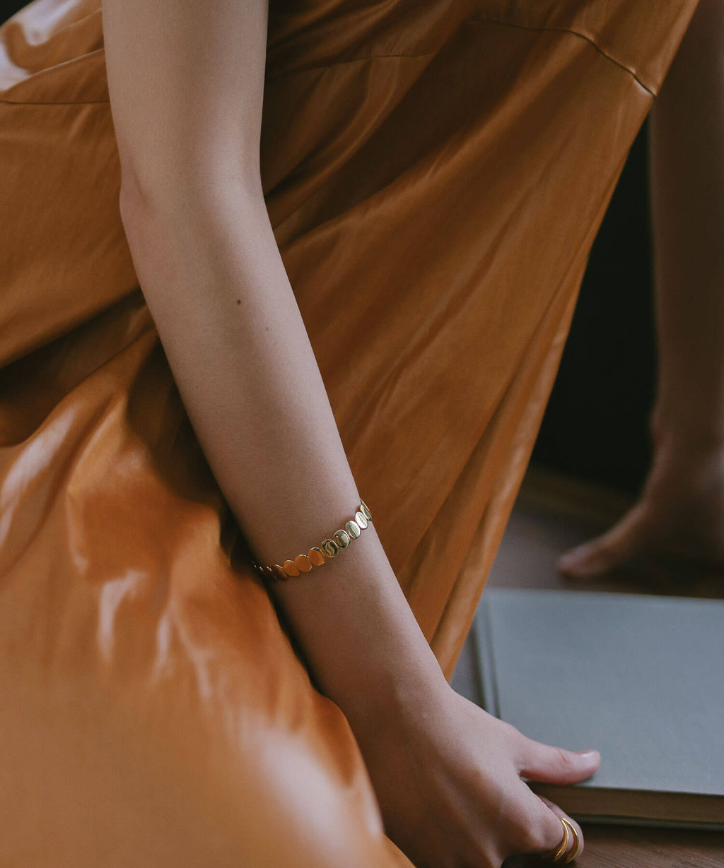 18K Gold Plated Sterling Silver Hammered Beads Bangle | HALVA