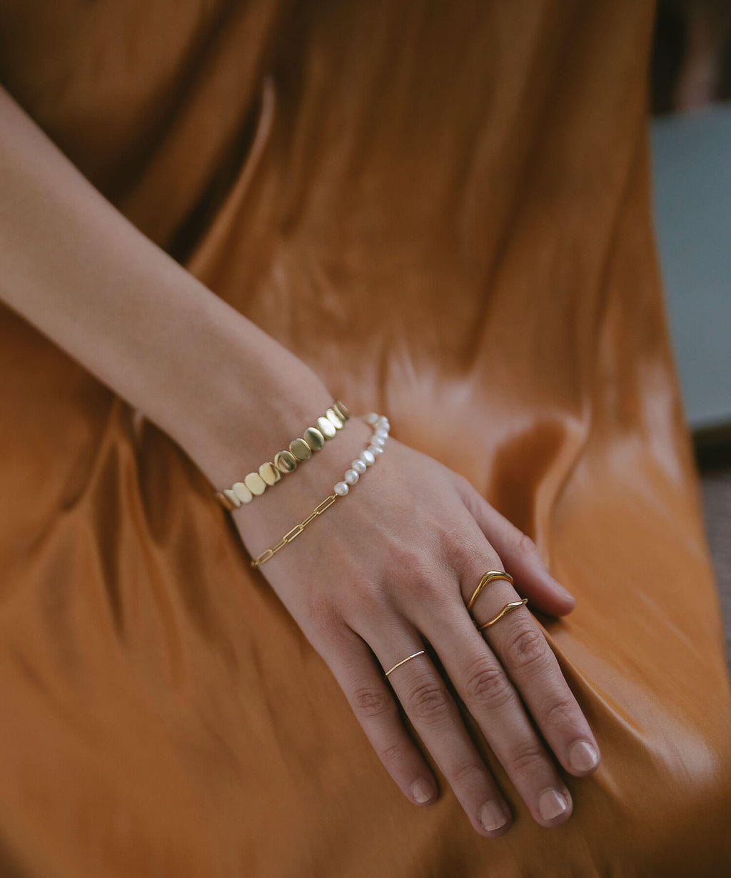 18K Gold Plated Sterling Silver Hammered Beads Bangle | HALVA