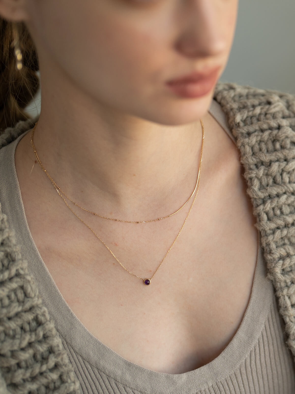 Amethyst necklace on model