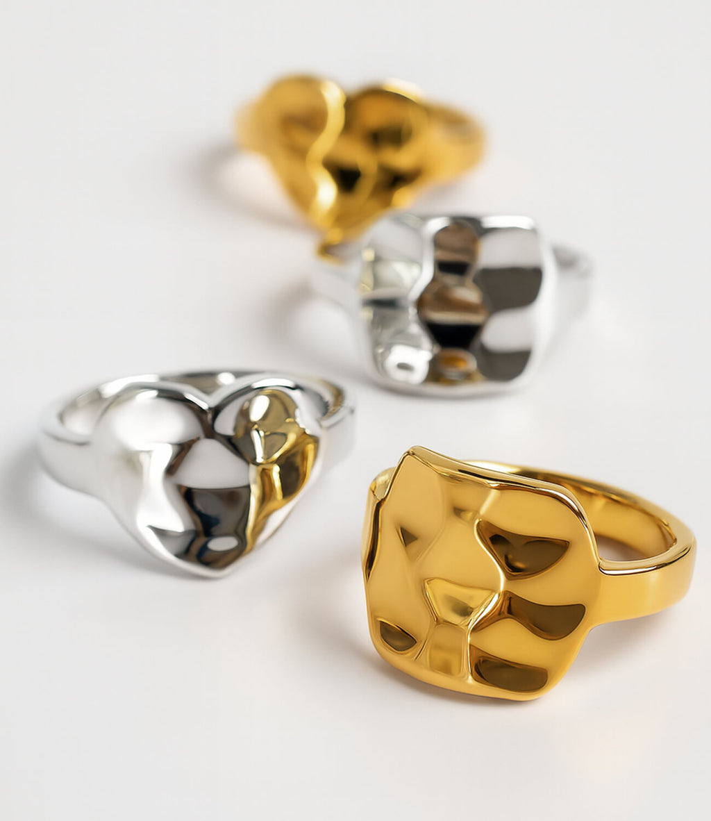 18K Gold Plated Sterling Silver Hammer Finish Flat Ring | OLIEOLIE