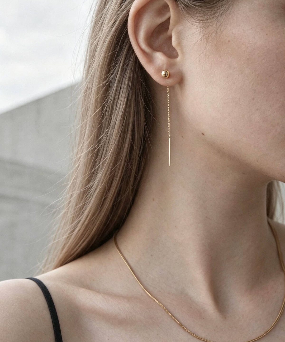 18K gold hanging ball chain earrings 6.5cm | PRENDOR-SHORT
