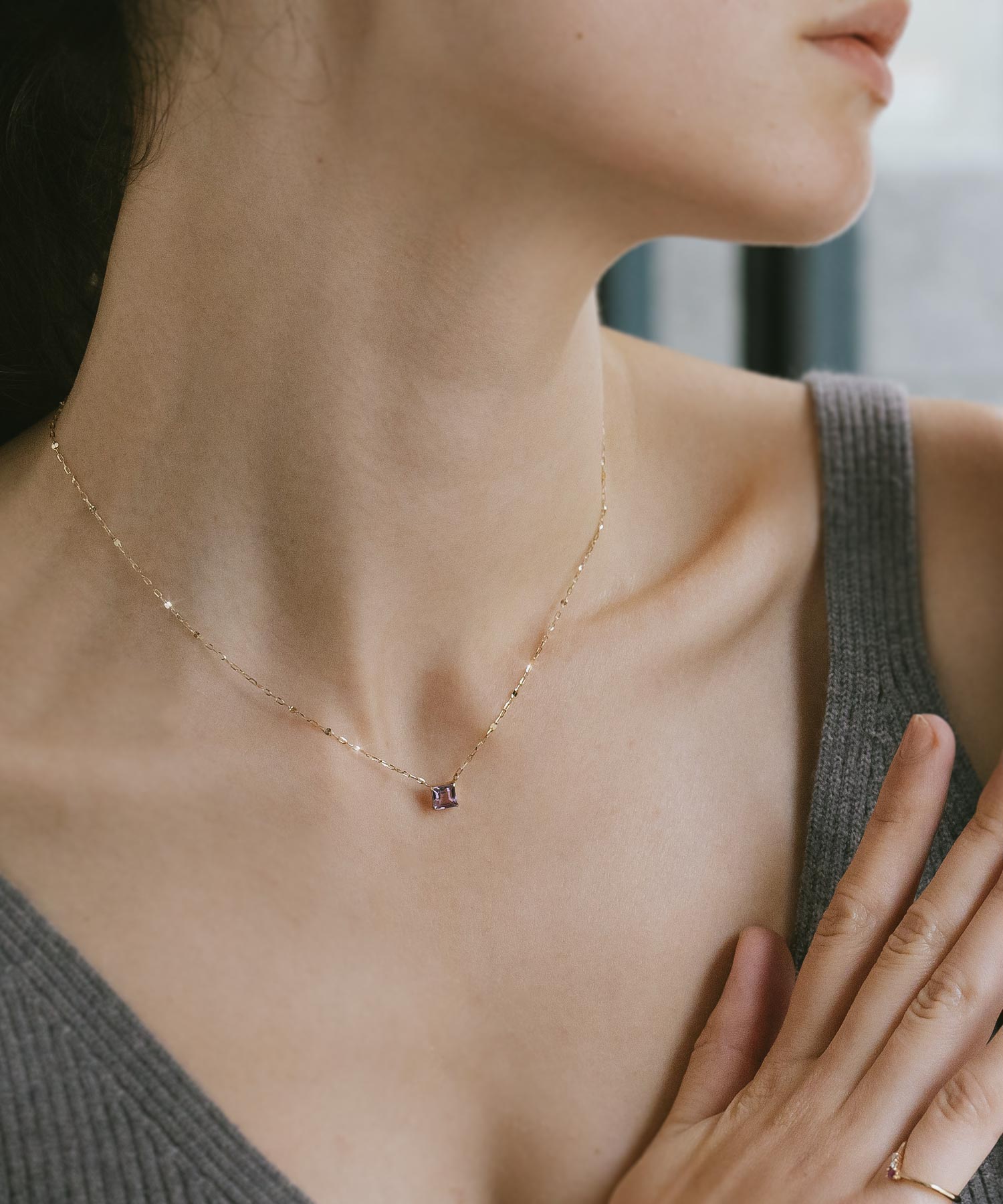 10K Gold Square Gemstone Dainty Necklace | TETRA-TVA