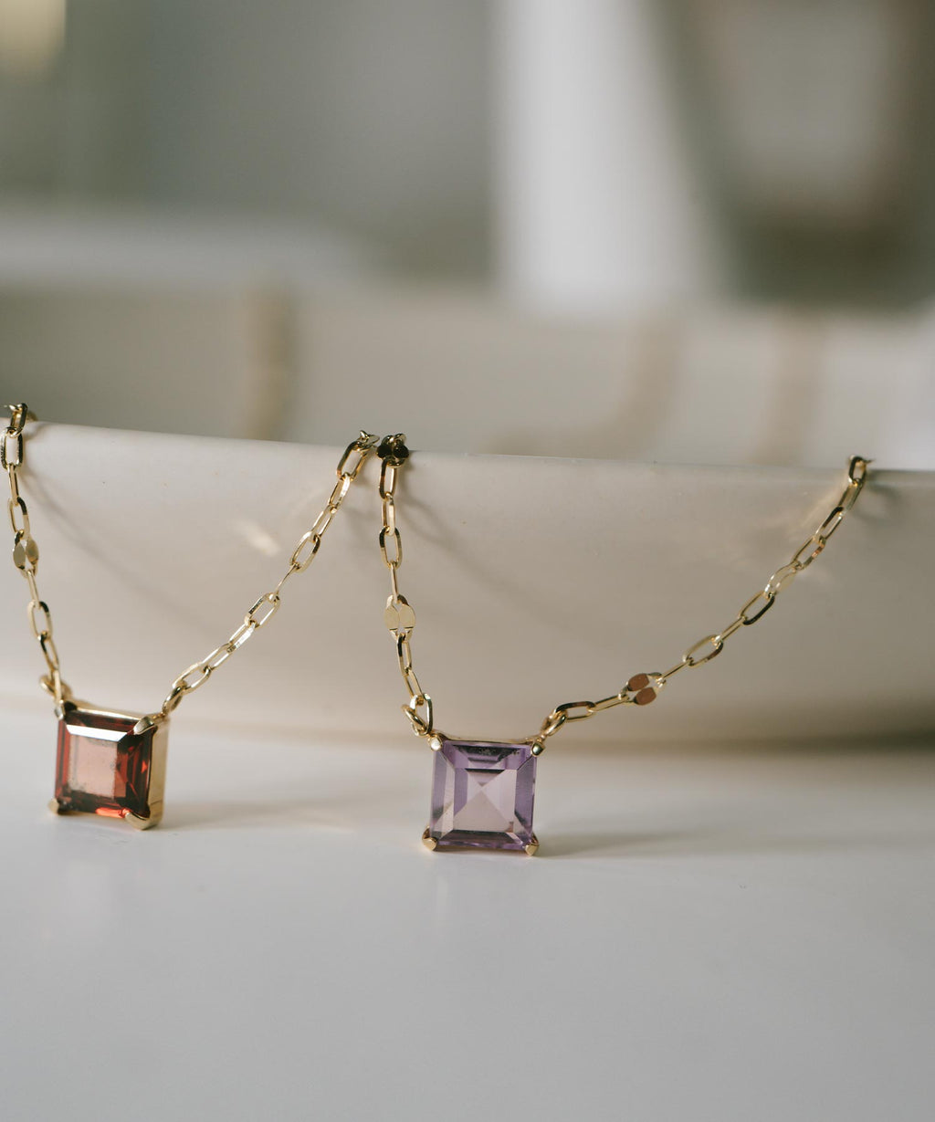 10K Gold Square Gemstone Dainty Necklace | TETRA-TVA