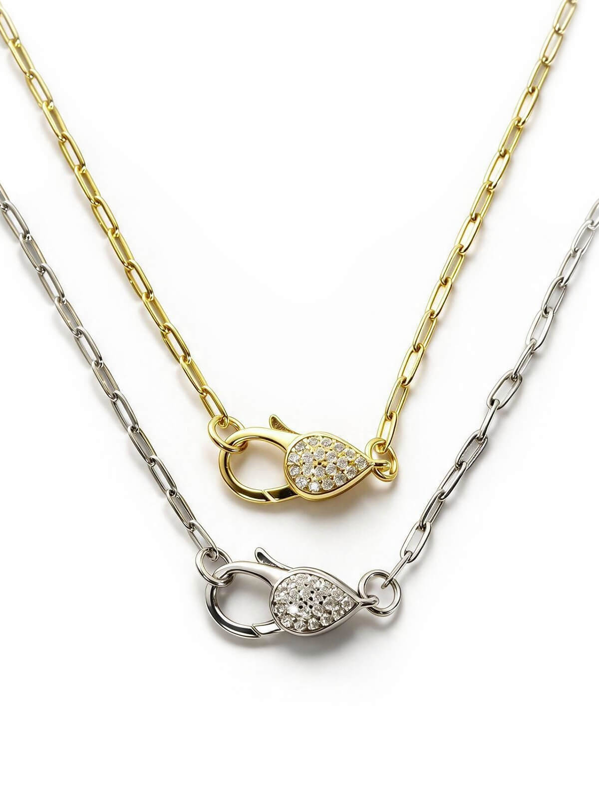 Silver paperclip chain choker necklace on a white background