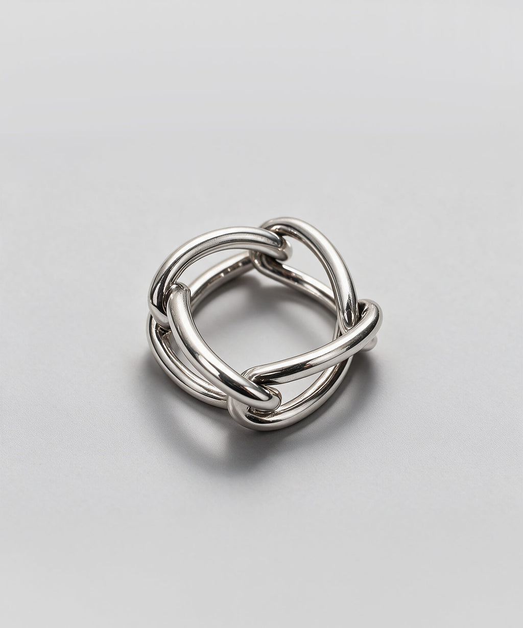 Angled detail of the polished silver chain ring links