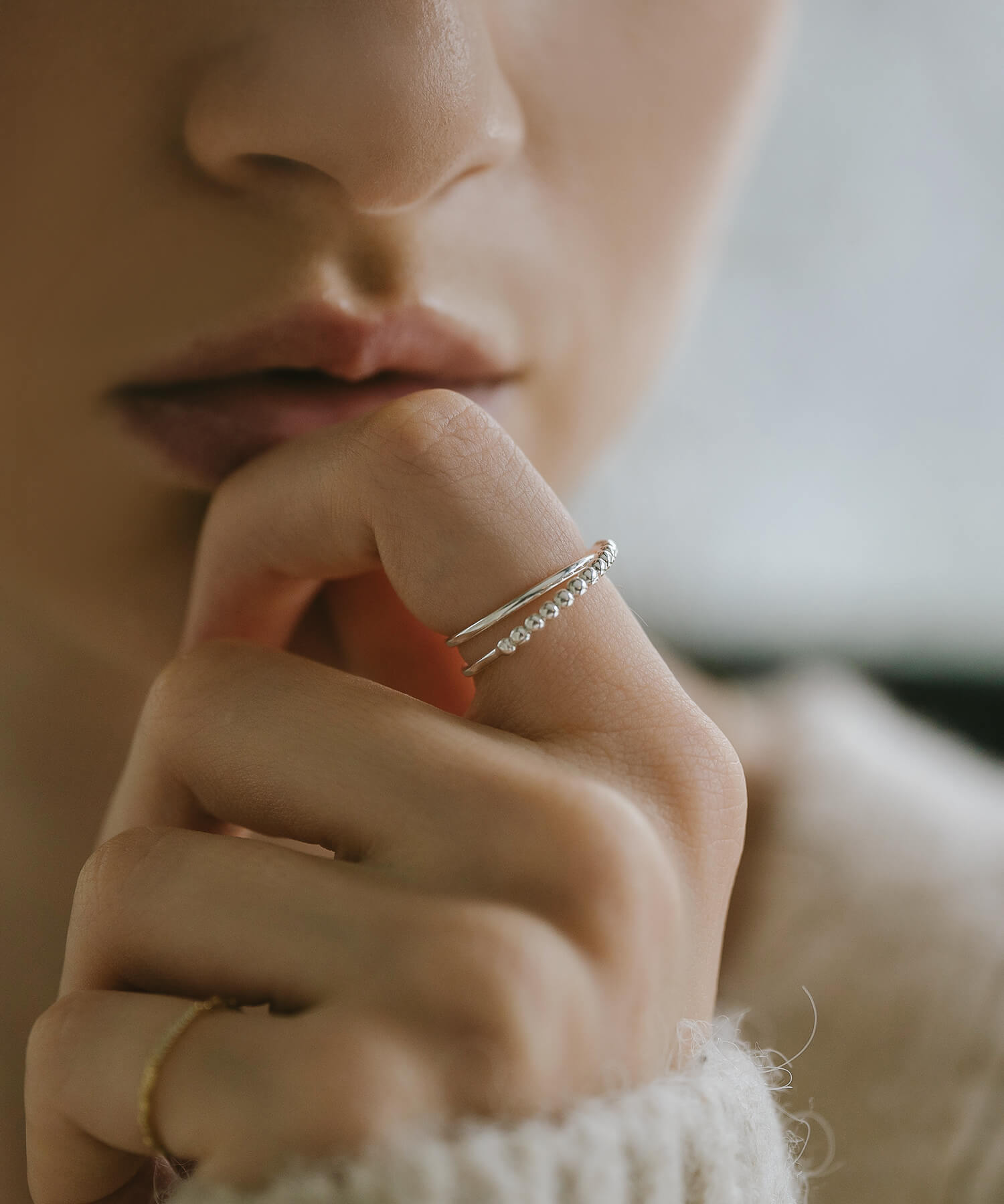 18K Gold Plated Sterling Silver Half Milgrain Double Ring | WERNI