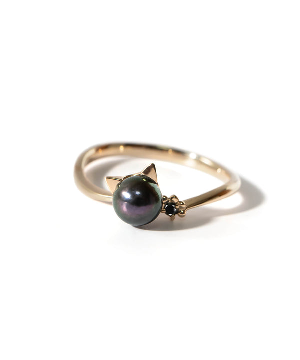 10K Pearl and Diamond Cat Ring | FORTUNA-CAT RING