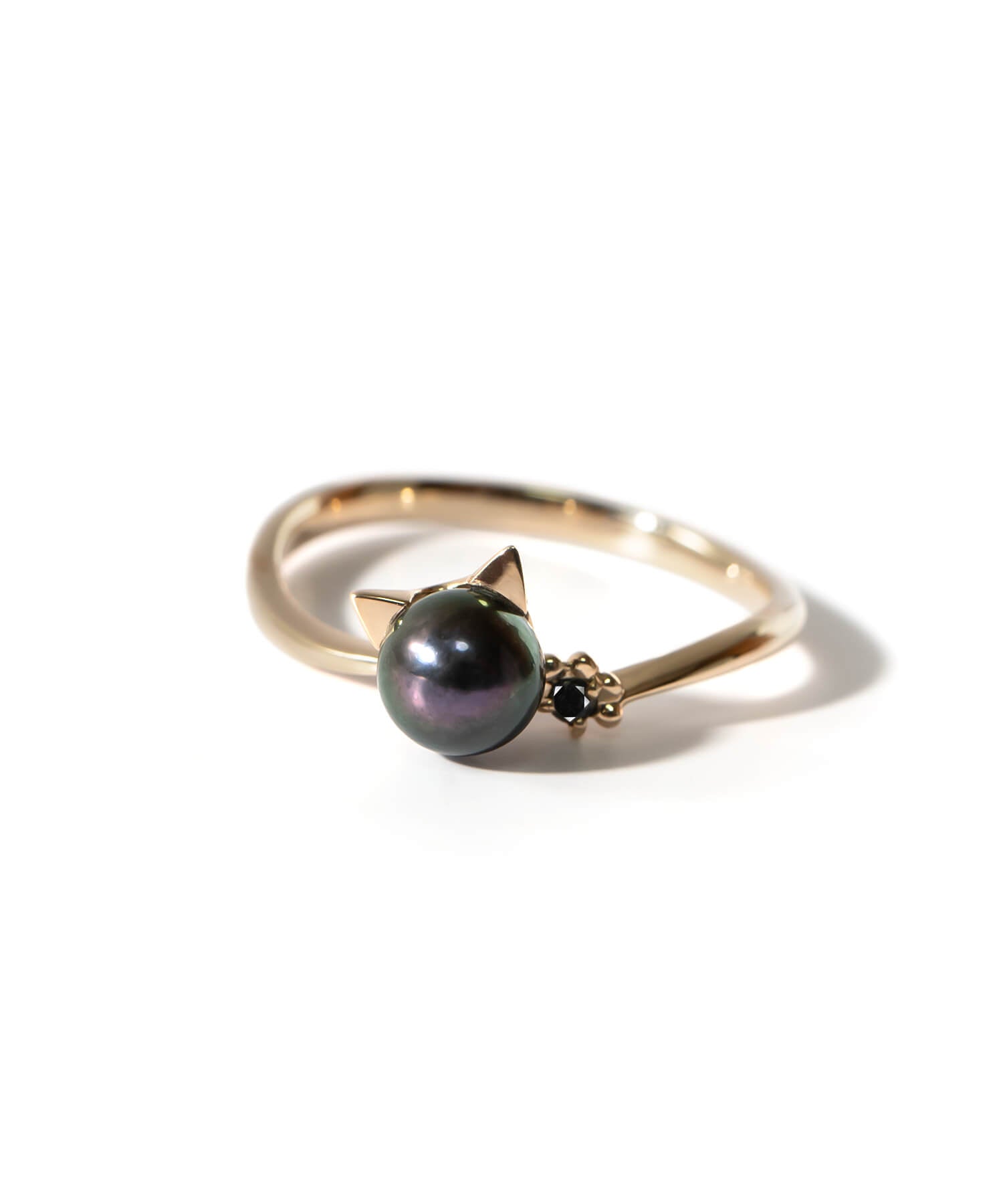 10K Gold Pearl and Diamond Cat Ring | FORTUNA-CAT