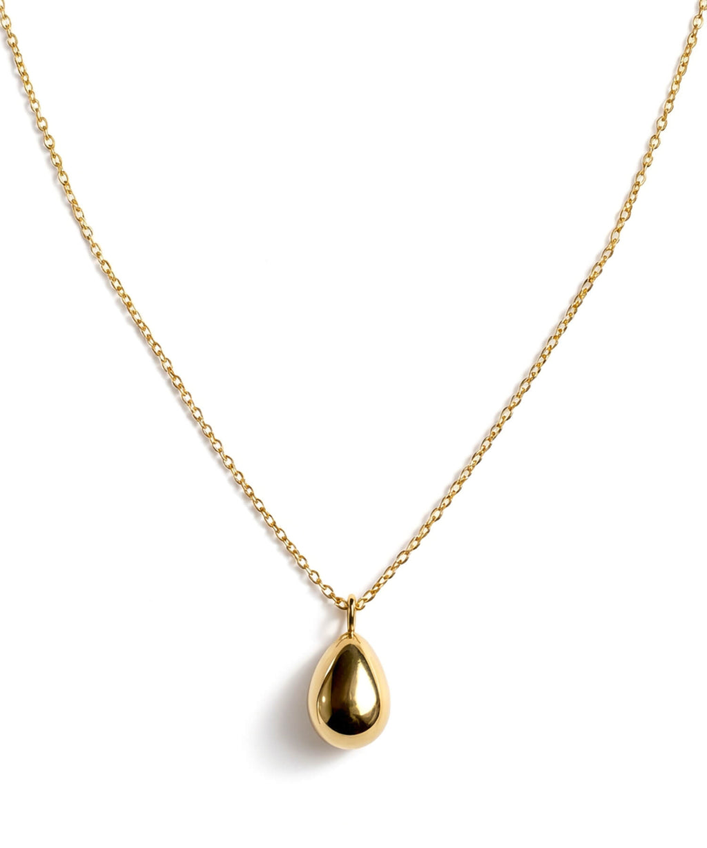 18K gold egg pendant necklace on a white background