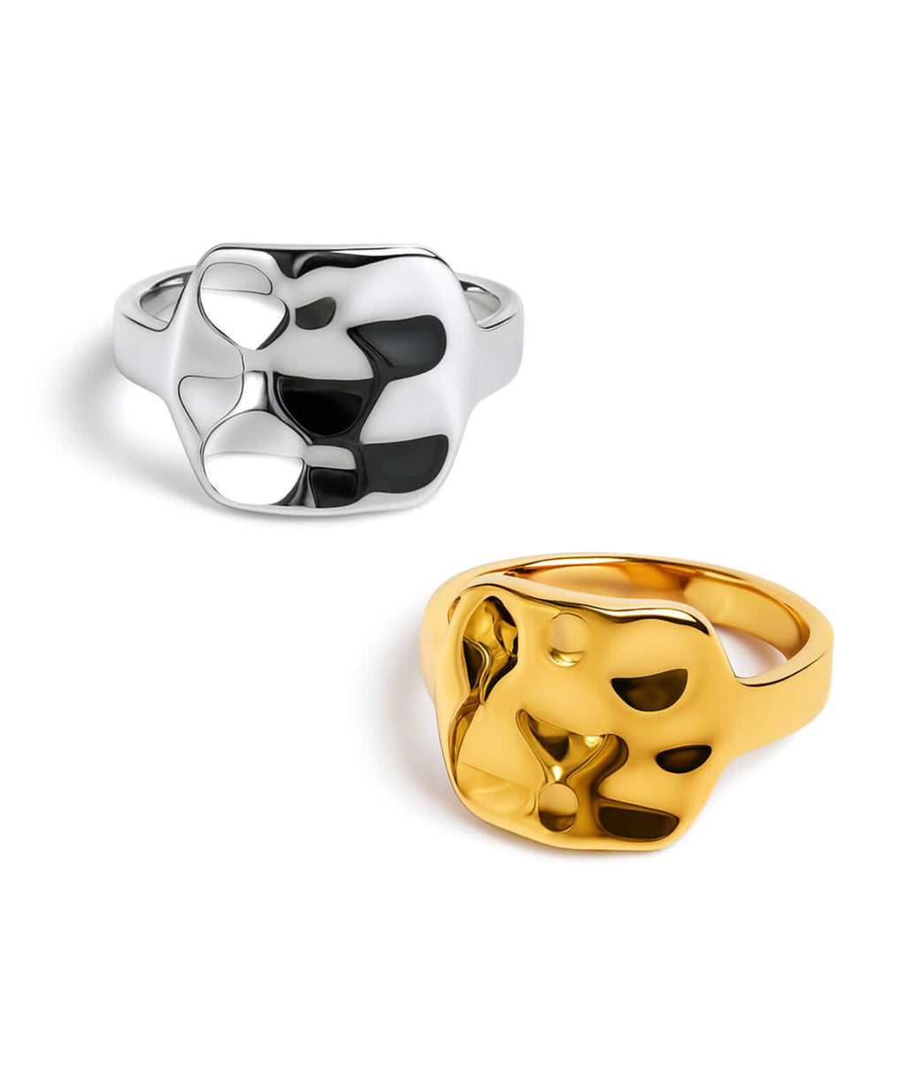 18K Gold Plated Sterling Silver Hammer Finish Flat Ring | OLIEOLIE