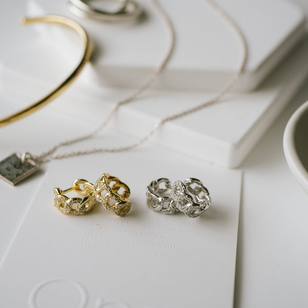 18K Gold Plated Sterling Silver Chain Cz Pave Hoop Earrings | KYKLOS-CHAIN