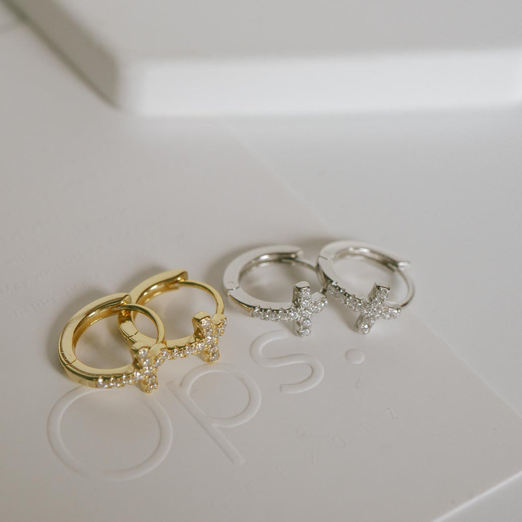 18K Gold Plated Sterling Silver Cross Pave Hoop Earrings | KYKLOS-CROS