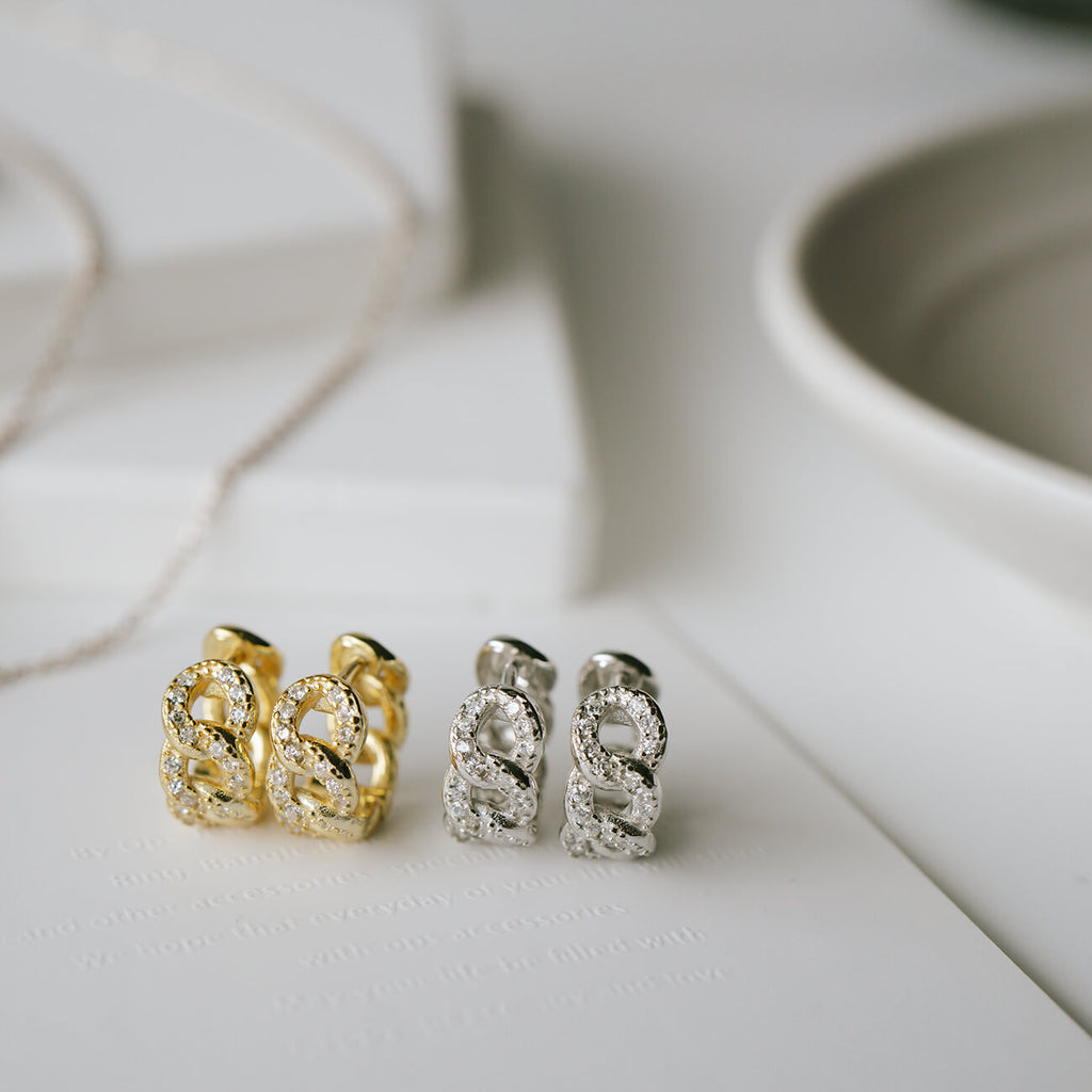 18K Gold Plated Sterling Silver Chain Cz Pave Hoop Earrings | KYKLOS-CHAIN