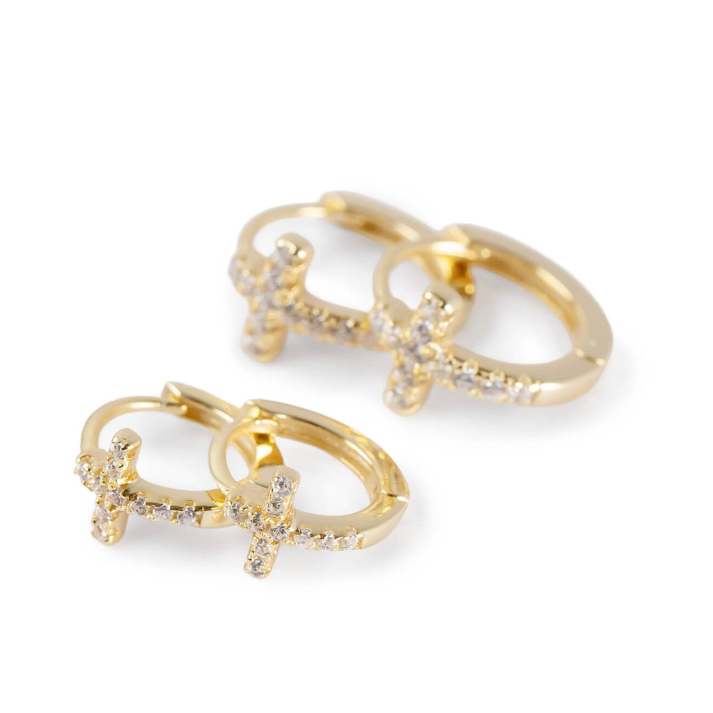 18K Gold Plated Sterling Silver Cross Pave Hoop Earrings | KYKLOS-CROS