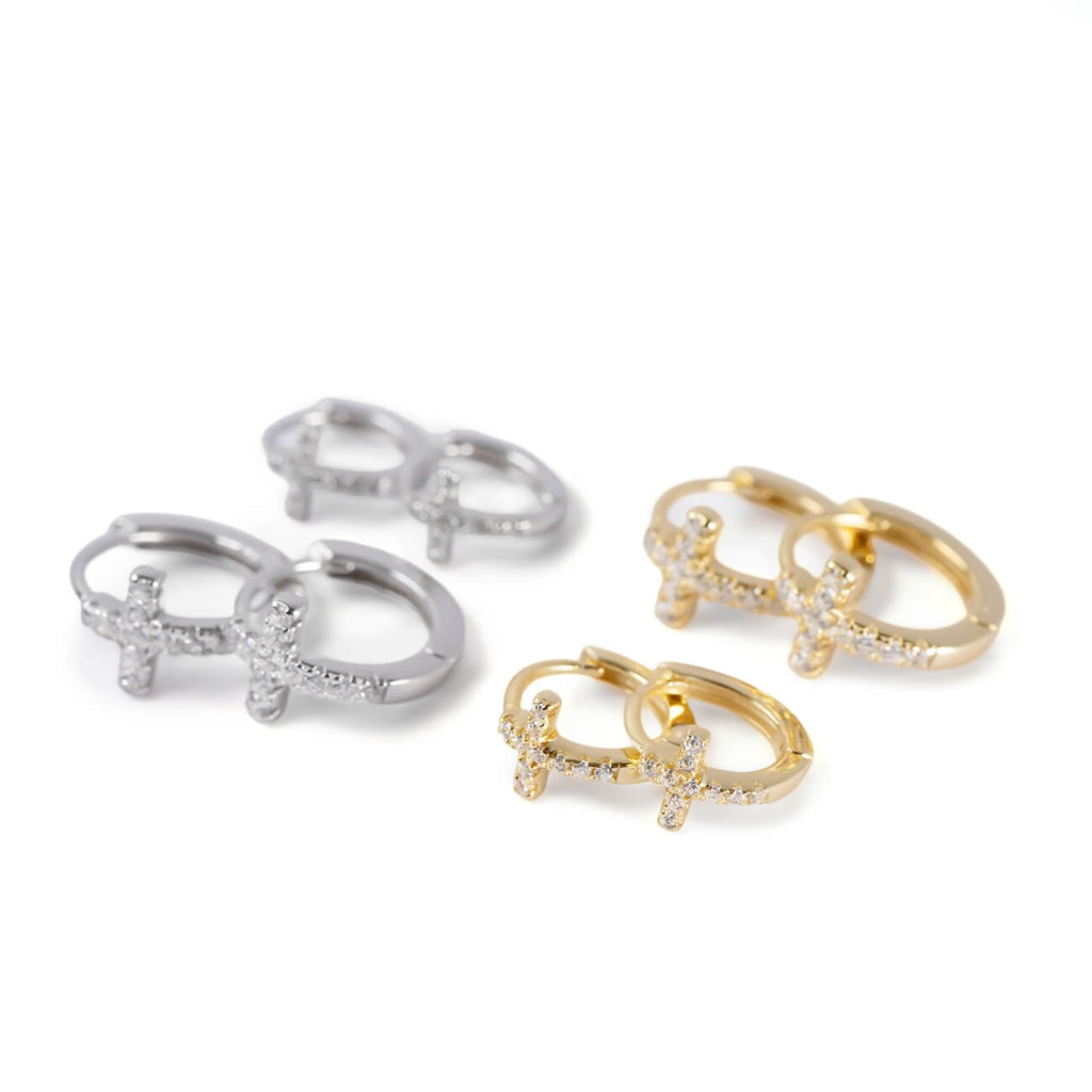 18K Gold Plated Sterling Silver Cross Pave Hoop Earrings | KYKLOS-CROS