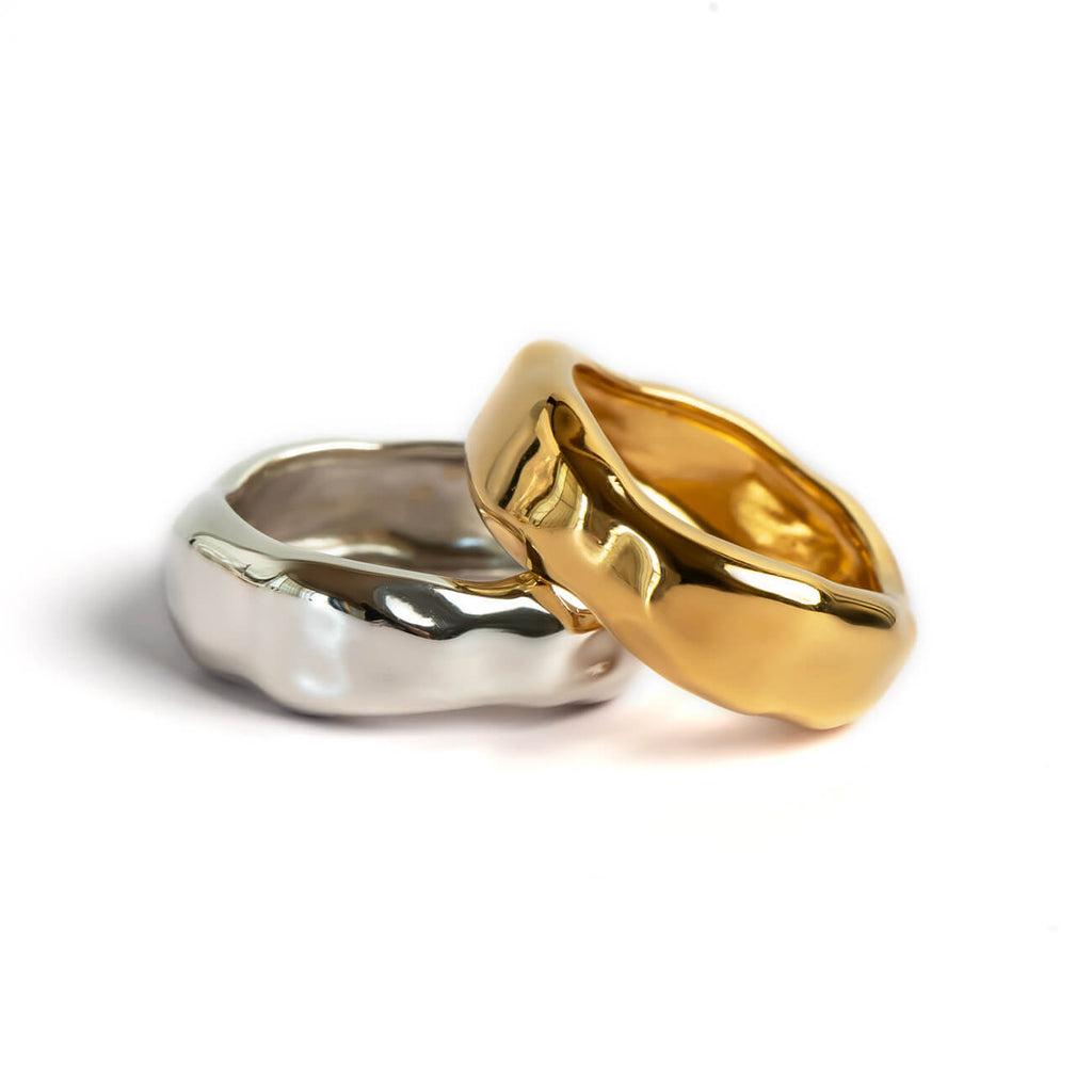 Ops 2 Rings 18K Gold Plated Sterling Silver Hammered Wide Ring | Ops. – Ops. Jewelry
